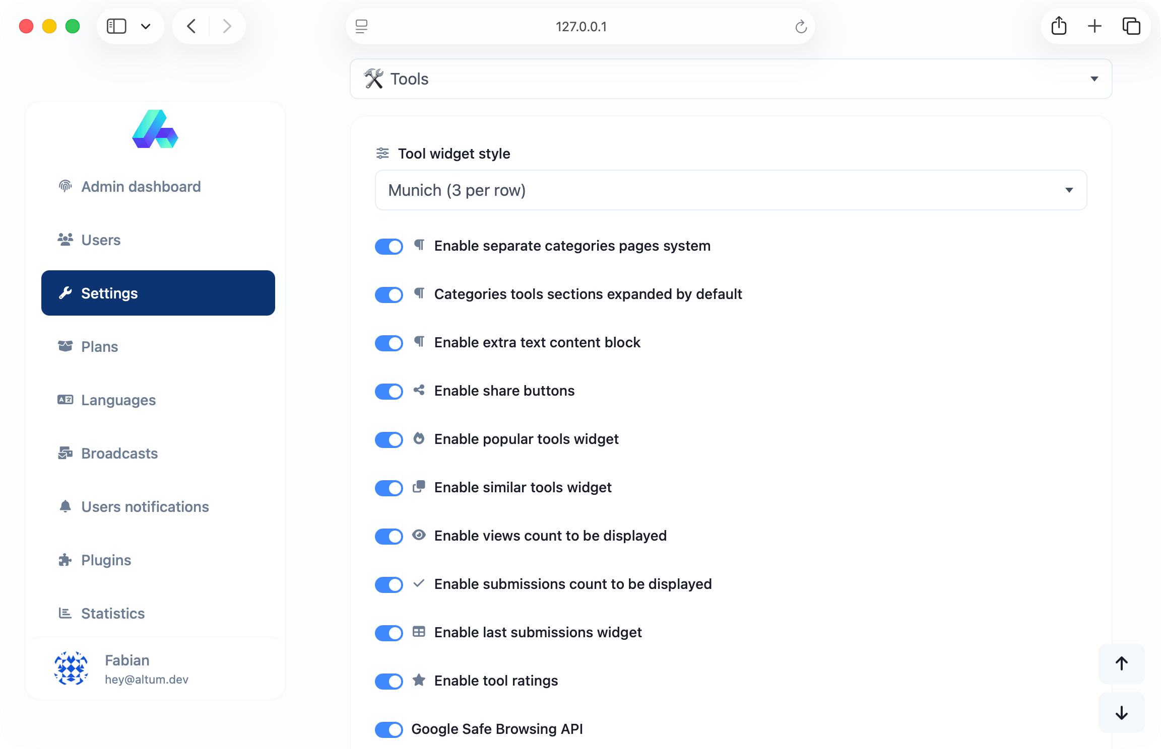 66toolkit admin panel showing tool catalog controls