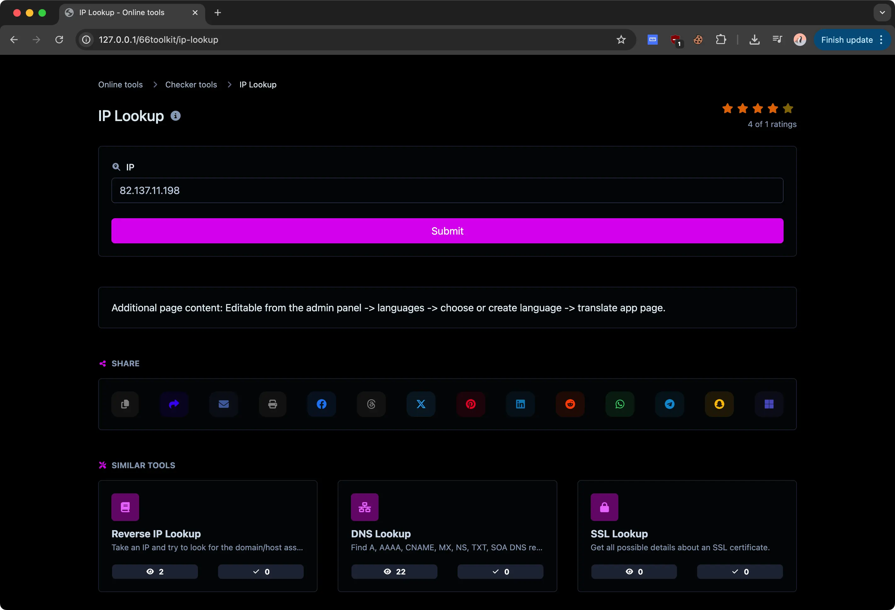 66toolkit IP lookup tool page showing the input form, ratings, and similar tools