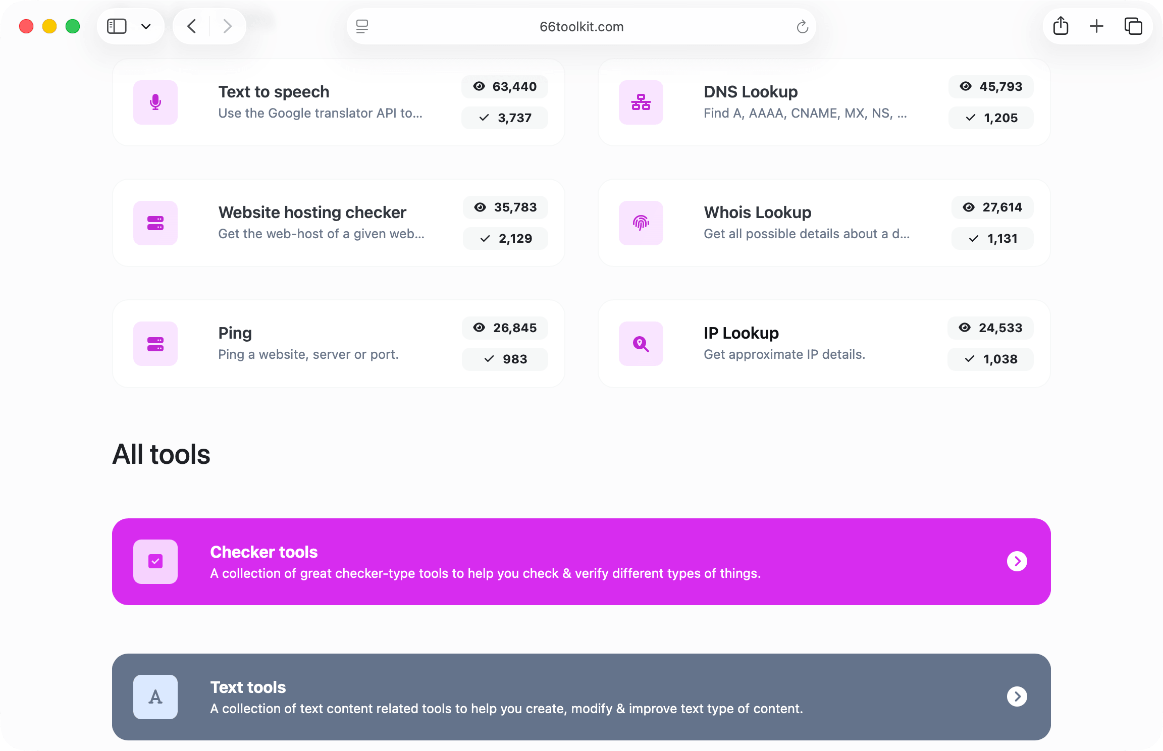 66toolkit tool categories page displaying the most popular tools and categories