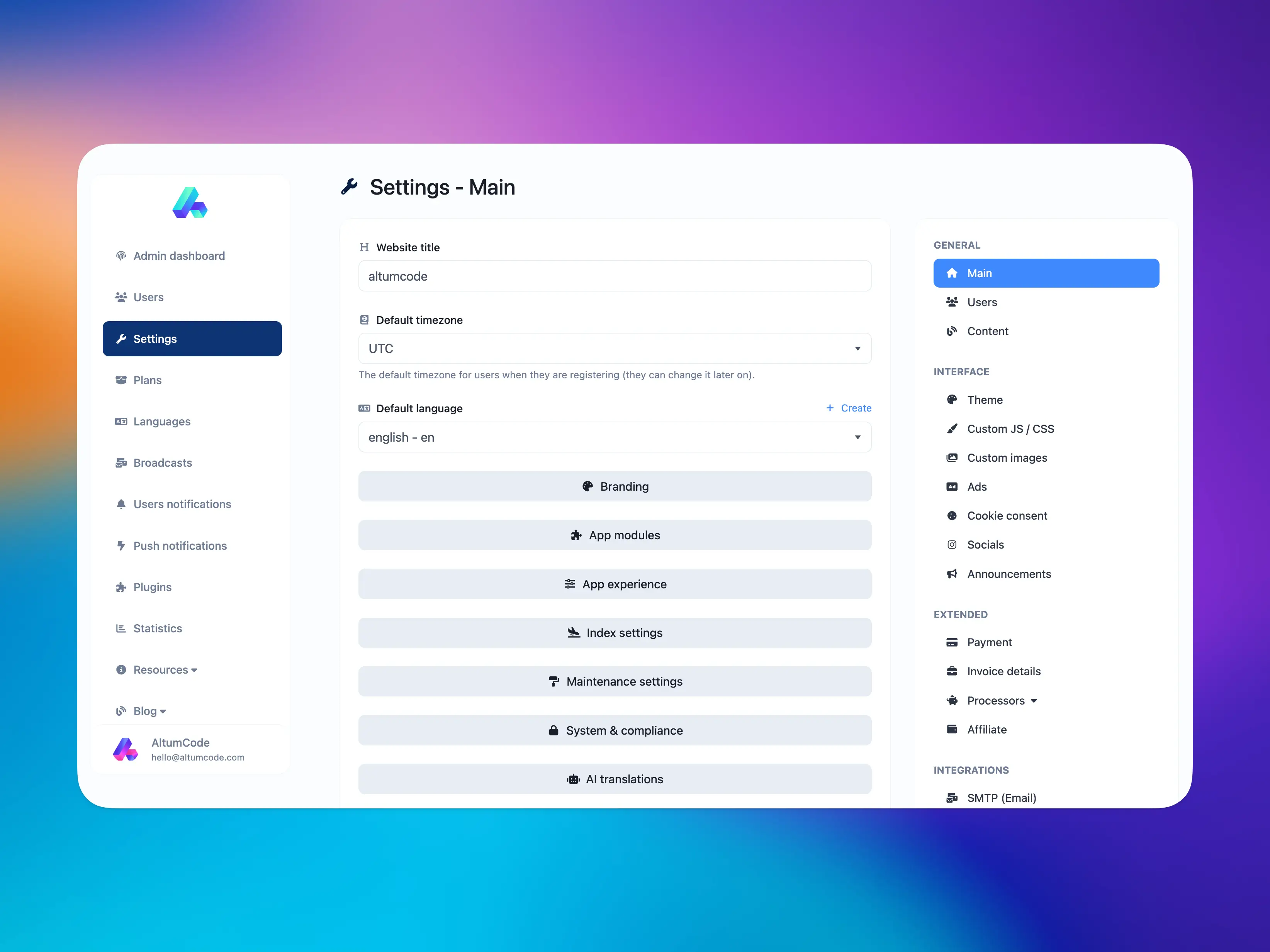 66toolkit admin panel showing the main settings page