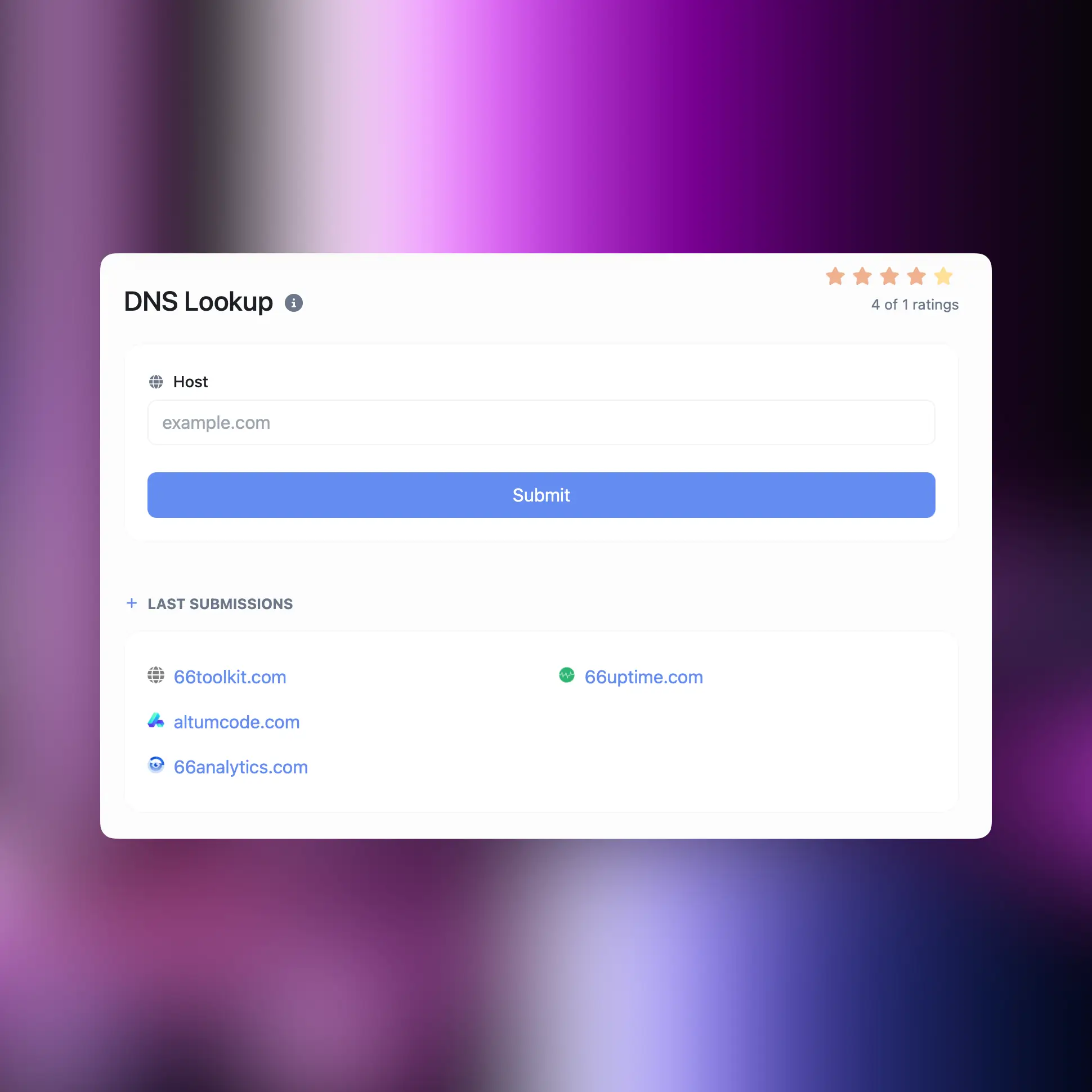 66toolkit tool page showing recent submissions