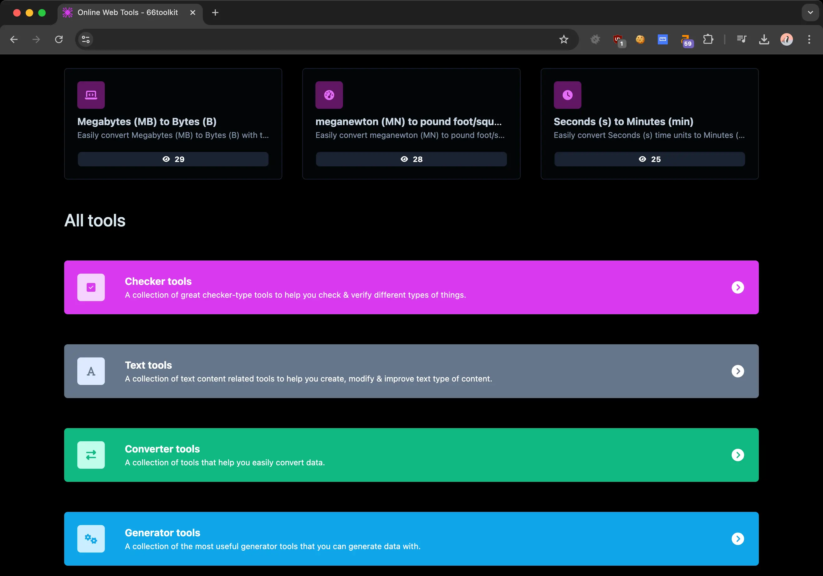 66toolkit tool categories page displaying the most popular tools and categories