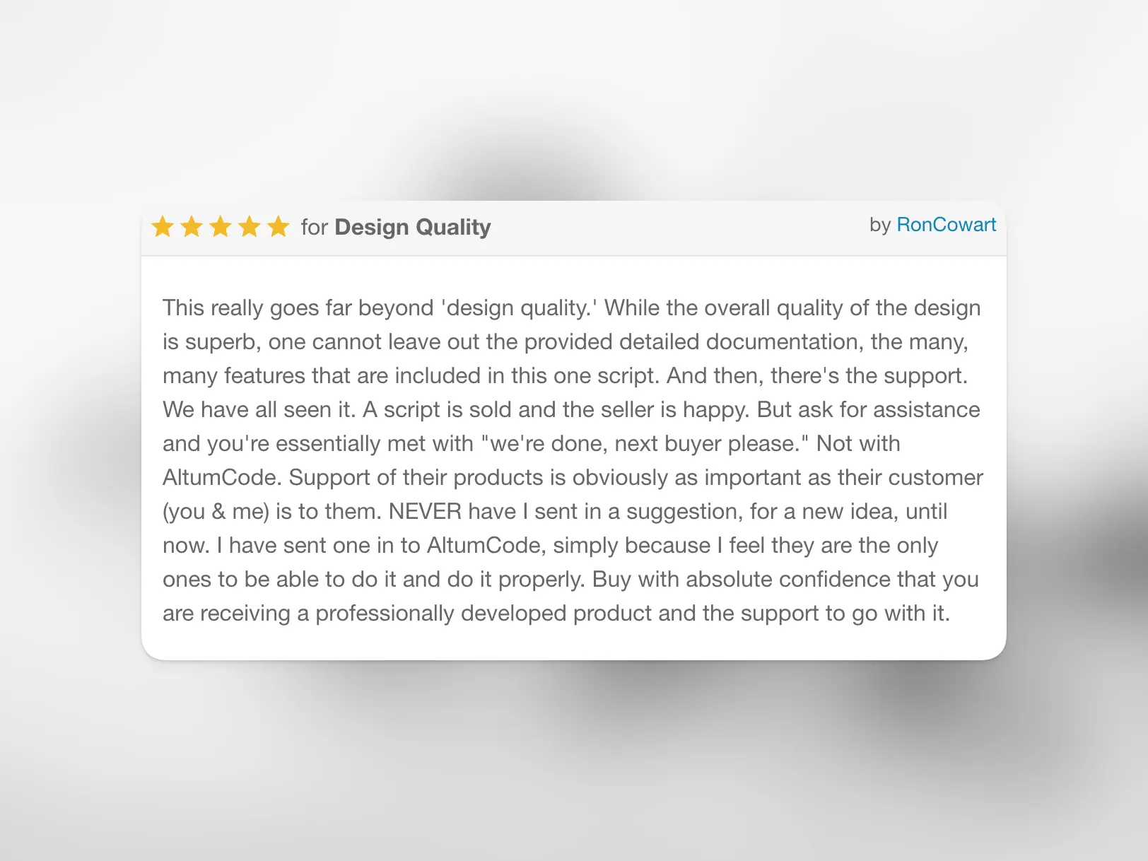 66toolkit customer review card showing a 5-star design quality testimonial